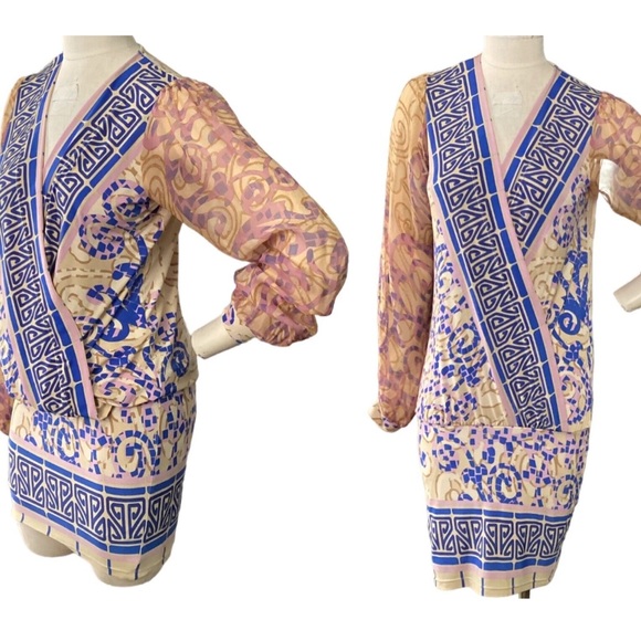 ANALILI 100% SILK  FAUX WRAP DRESS SHEER CUFF SLEEVES BOHO LAGEN-LOOK RESORTWEAR - Picture 2 of 12